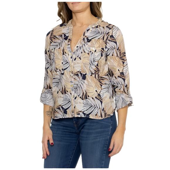 C&C California 100% Linen Leaf Print Roll Tab Long Sleeve Button Up Shirt Tan S - Picture 1 of 5